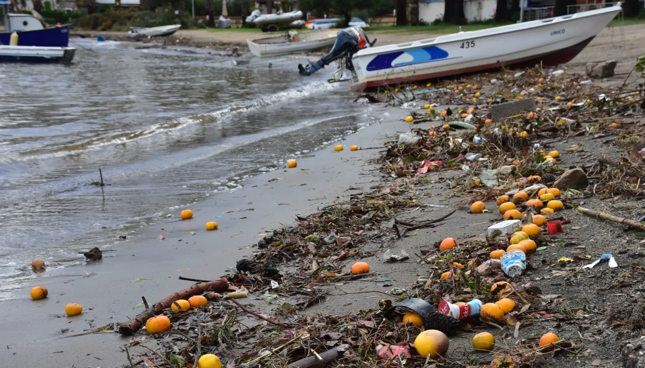 Bodrum'da sel sonrası kıyılar mandalina ve atıklarla doldu