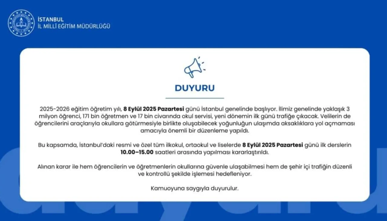 İstanbul'da okullar 8 Eylül'de 10.00-15.00 saatleri arasında olacak